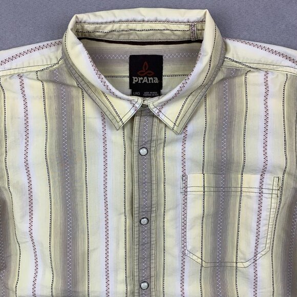 Prana Mens Shirt Large Yellow Vertical Striped Pearl Snap Button Up Southwestern - Picture 2 of 10
